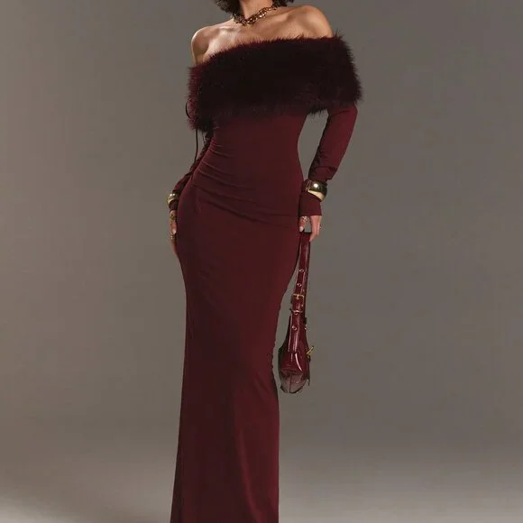 Burgundy Off-Shoulder Long Sleeve Faux Fur Women's Evening Dress - Picture 4 of 7